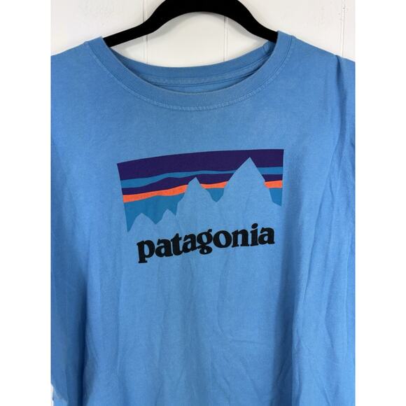 Patagonia Men's Regular Fit Logo Organic Cotton T-Shirt Blue XL Worn Wear Preppy - Picture 2 of 7